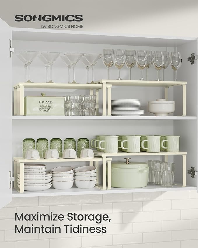 SONGMICS Cabinet Organizer Shelf, Set of 2 Kitchen Counter Shelves, Kitchen Storage, Spice Rack, Stackable, Expandable, Metal and Engineered Wood, Cream White UKCS200W02-Ruum Studio Home