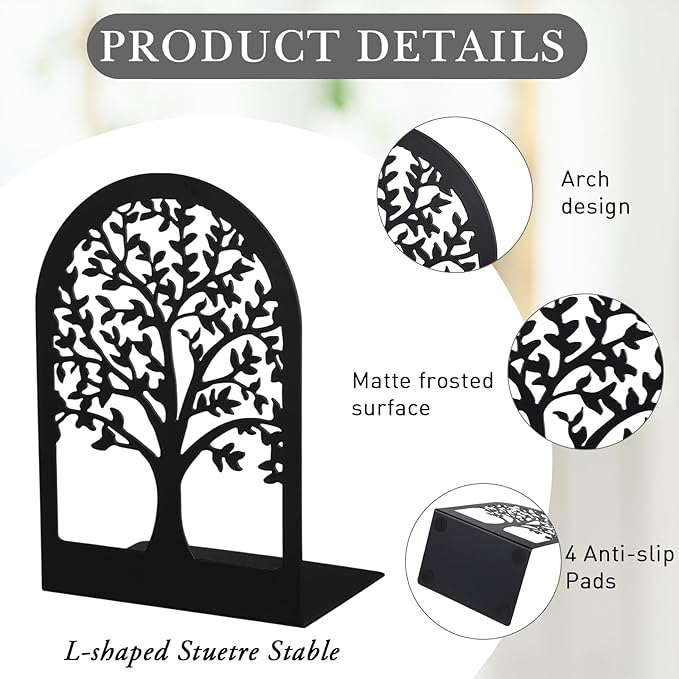 Faccito 5 Pairs Book Ends, Black Metal Bookends for Shelves Decorative, Non Skid Tree Stopper and Flower Shelf Holder for Heavy Books, Home Office School Supplies(Modern)-Ruum Studio Home
