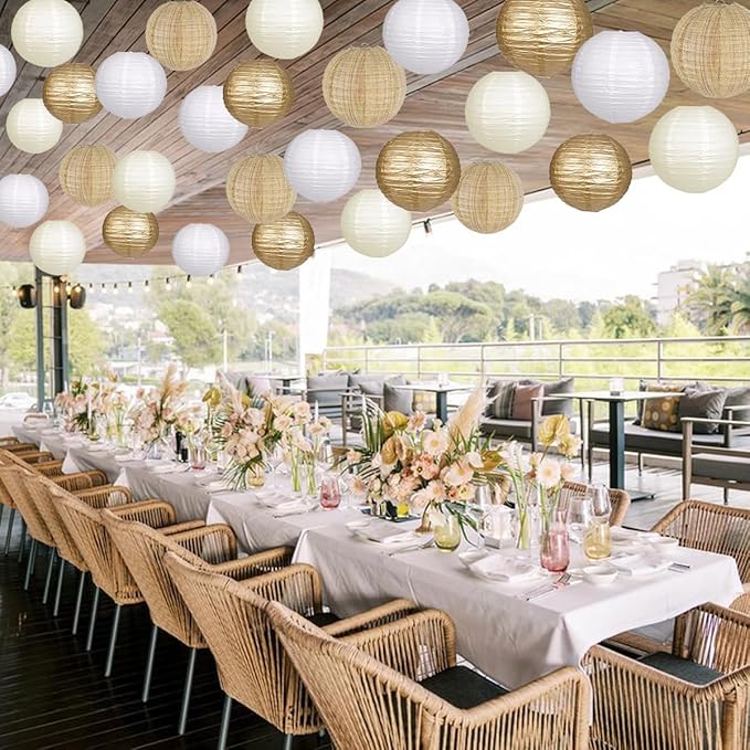 Paper Lanterns Gold White Round Hanging Chinese Lanterns for Wedding Birthday Party Boho Baby Shower Decorations Pack of 12-Ruum Studio Home