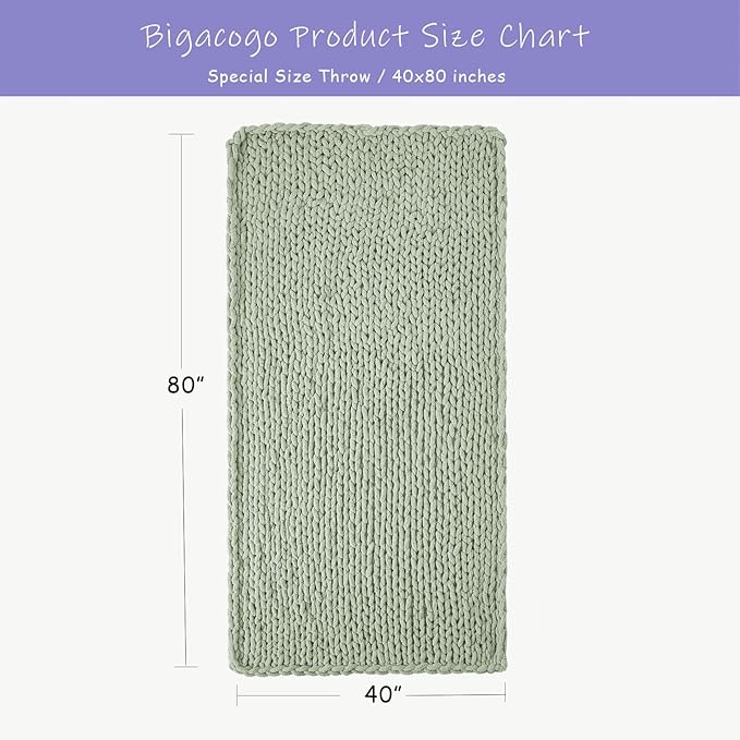 Bigacogo Chunky Knit Throw Blanket for Couch, 40x80 inches, 100% Hand Knitted with Thick Jumbo Chenille Yarn, Cozy Soft Large Rope Knot Cable Crochet Blankets for Sofa Bed Living Room, Sage Green-Ruum Studio Home