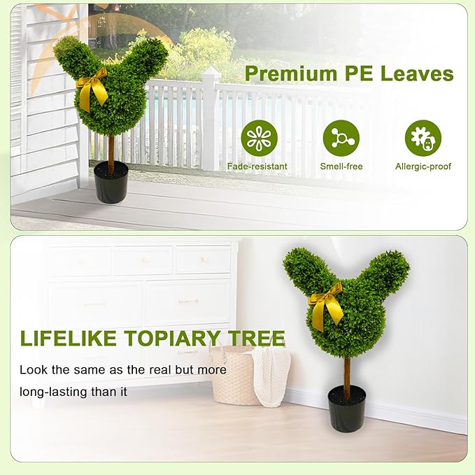 2 Pcs Artificial Bunny Shaped Topiary Trees, Artificial Green Boxwood Bunny Decorations with Gold Bow, Perfect for Indoor & Outdoor Front Porch, Easter& Garden Decor (Bunny Shaped Topiary Tree)-Ruum Studio Home
