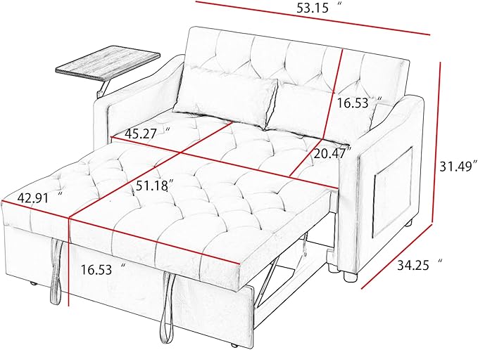 3-in-1 Convertible Sleeper Sofa Bed, Pullout Couch with 360° Swivel Side Table, Modern Chenille Fabric, Easy to Assemble, Folding Loveseat Sofa Bed for Living Room & Guest Room-Ruum Studio Home
