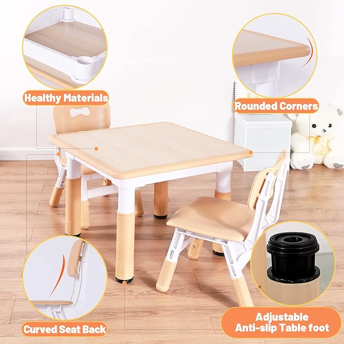 FUNLIO Kids Table and 4 Chairs Set, Height Adjustable Toddler Table and Chair Set for Ages 3-8, Easy to Wipe Arts & Crafts Table, for Classrooms/Daycares/Homes, CPC & CE Approved（5-Piece Set）-Ruum Studio Home