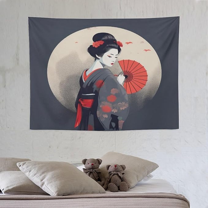 Japanese Woman Geisha Tapestry Asian Red Cherry Blossom Red Sun Traditional Kimono Folk Tapestries Home Decor for Living Room Bedroom Apartment Farmhouse Dorm 40"x30"-Ruum Studio Home