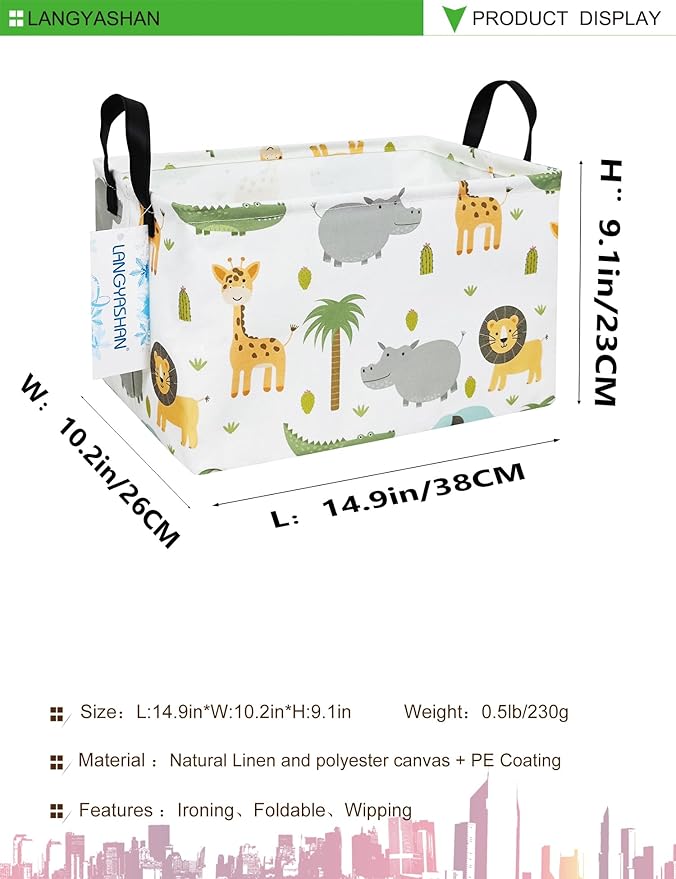 LANGYASHAN Rectangular Storage Bin Collapse Canvas Fabric Cartoon Storage Basket with Handles for Organizing Home Kitchen Boys and Girls Toys Office Closet Shelf Baskets (Rec animal)-Ruum Studio Home