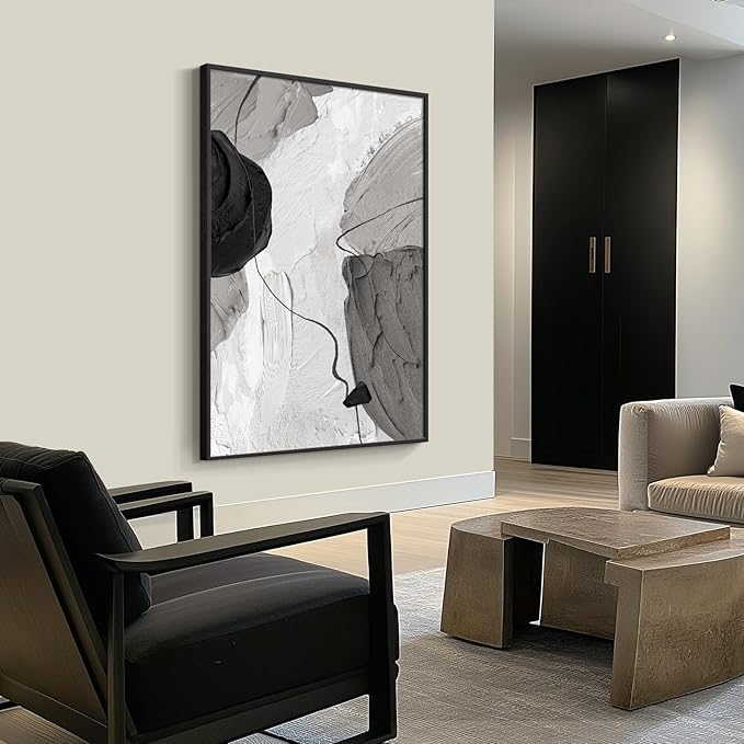 Large Framed Black and White Modern Abstract Vertical Wall Art for Living Room, Canvas Prints Paintings Artwork for Walls, Minimalist Gray Pictures for Hallway Stair Office Wall Decor 40x60 In-Ruum Studio Home