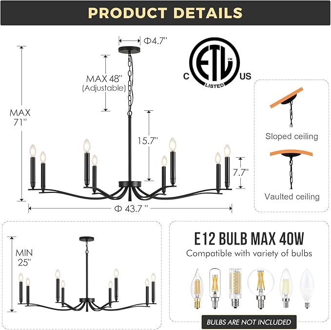 Black Chandelier, Modern Dining Room Light Fixture 8 Light Candle Chandelier Over Table 44in Metal Chandeliers Lighting for Living Room Entry Master Bedroom Bathtub Kitchen-Ruum Studio Home