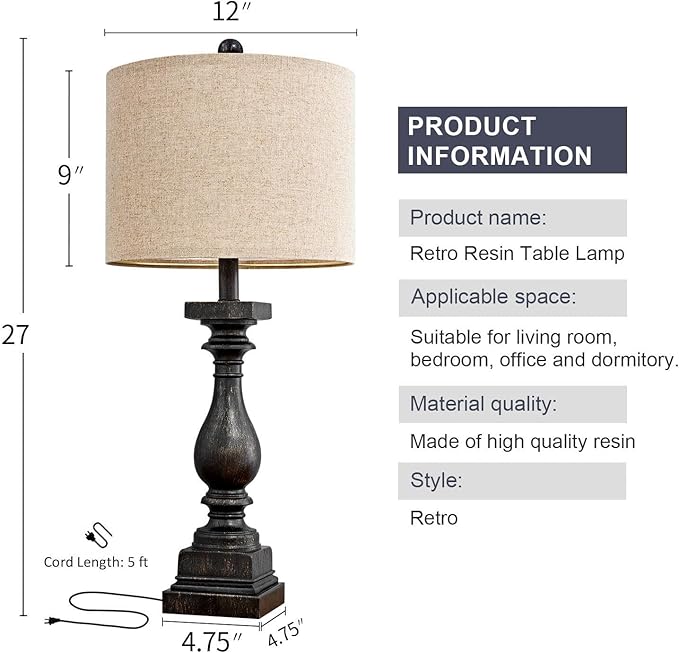 BOBOMOMO Retro 27" USB Charging Ports A/C Farmhouse Single Lamps for Bedrooms Retro Side Table Lamps Bedside Lamp for Side Nightstand Living Room 1 Pack-Ruum Studio Home