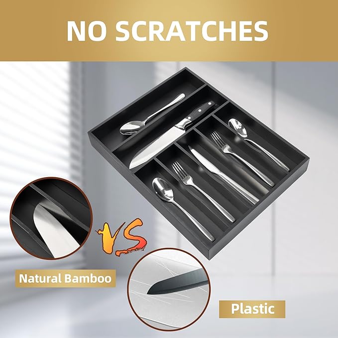 Silverware Organizer Kitchen Drawer Organizer Utensil Organizer Bamboo Silverware Holder Cutlery Organizer in Drawer Flatware Organizer Tray(7 slots, Black-Ruum Studio Home