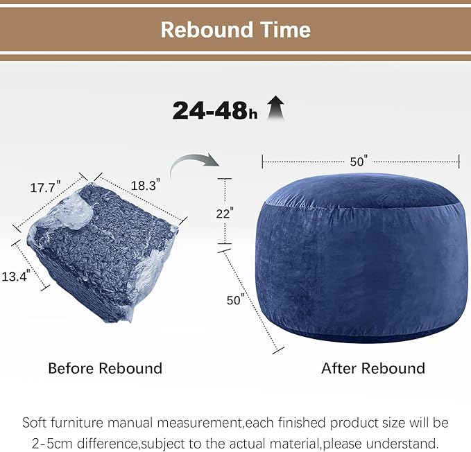 Bean Bag Chairs for Adults - Memory Foam Furniture BeanBag Chair - Kids/Teens Sofa with Soft Micro Fiber Cover - Round Fluffy Couch for Living Room Bedroom College Dorm - 5 ft, Navy-Ruum Studio Home