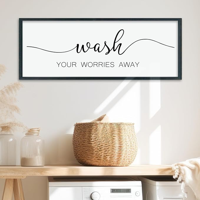 LuZhiQiang Wash Your Worries Away Sign Bathroom Wall Art Decor 40"×15" Large Wood Framed Laundry Room Funny And Artwork Wall Hanging (Black)-Ruum Studio Home