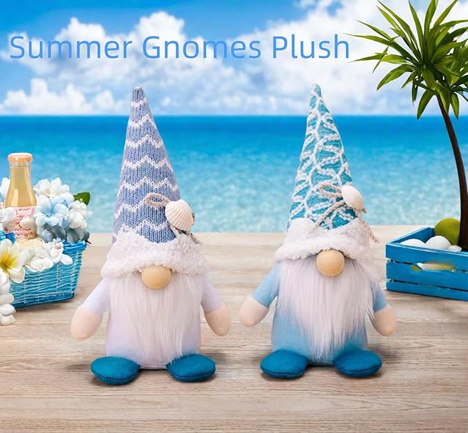 Summer Gnomes Decorations, Beach Gnomes Plush Decor for Home Ocean Day Gnome Tiered Tray Decor Handmade Tomte Swedish Nisse Scandinavian Elf Dwarf,Birthday Gnome Gifts, Blue-Ruum Studio Home