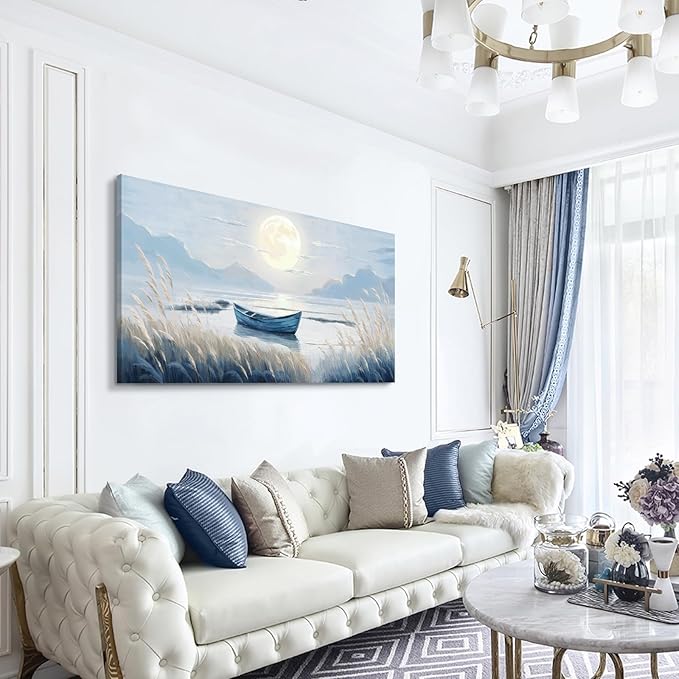 Large Wall Art for Living Room Bedroom Decor - Modern Nautical Beachy Ocean Beach Seascape Nature Artwork with Blue Boat Moon Lake Mountain Sea - Relaxing Serene Canvas Picture for Coastal Rustic Home-Ruum Studio Home