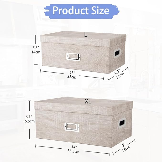 Briful Set of 2 Rustic Wood Grain Storage Boxes with Lids – Stackable Rectangular Organizer Bins, 14'' + 13'' Set Decorative Storage Containers for Bedroom, Living Room, Gifts-Ruum Studio Home