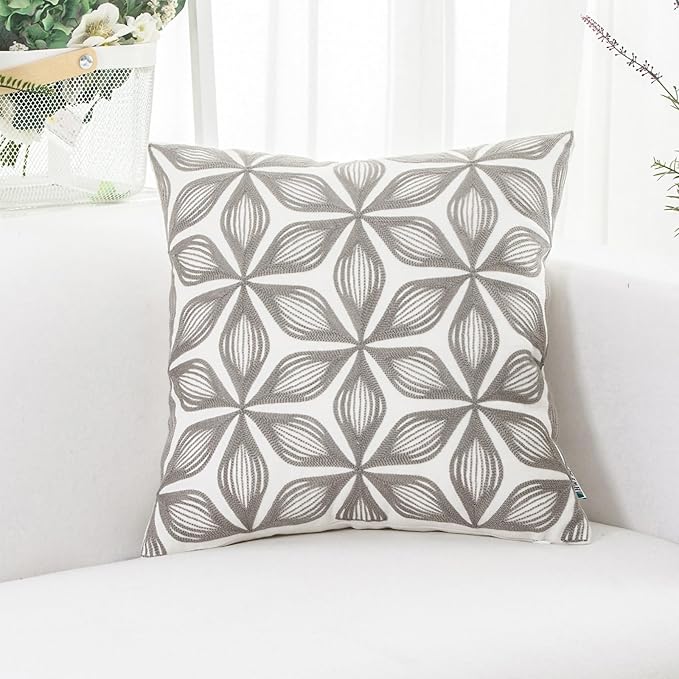 HWY 50 Grey Gray Decorative Throw Pillow Covers 18x18 Inch (1 Piece), Embroidered Cotton Farmhouse Cushion Cover Pillow Case for Sofa Couch Living Room Bed, Fashion Geometric-Ruum Studio Home