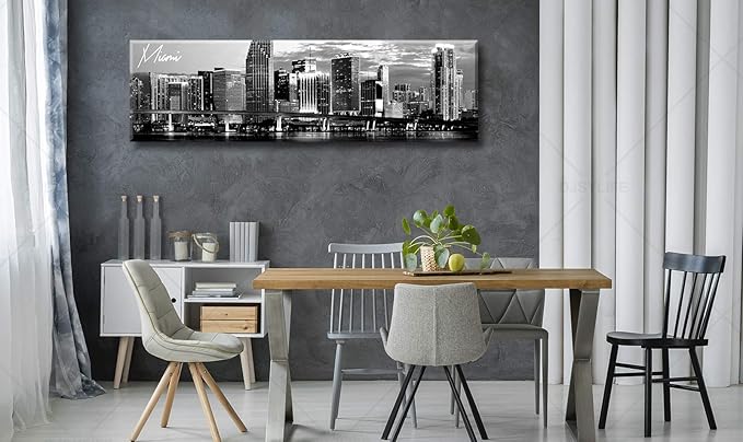 DJSYLIFE Miami Skyline Wall Art Decor Panoramic Cityscape Picture Modern USA City Night View Canvas Prints for Bedroom Office Living Room Decoration Stretched and Framed Ready to Hang 13.8"x47.3"-Ruum Studio Home