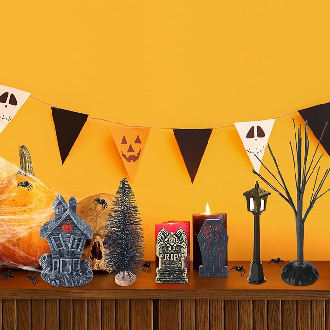 56 Pcs Halloween Village Accessories Set Halloween Haunted House Village Set Miniature Tombstones Tree Fake Spiders Fence Streetlamp Figurines for Home Table Party Decor-Ruum Studio Home