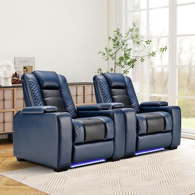 ANJ Power Home Theater Seating Set of 2, Blue Faux Leather Electric Recliner Chair with Powered Headrest, Dual Motors Movie Reclining Chairs with LED Lights,USB Port,Cup Holders, Hidden Arm Storage-Ruum Studio Home