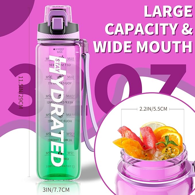 Water Bottle, 32 oz Motivational Water Bottles with Time Marker-Tritan & BPA Free, Sports Water Bottle with Time to Drink & Strap, Wide Mouth, Leakproof -Gift for Christmas Gym Fitness & Outdoor-Ruum Studio Home