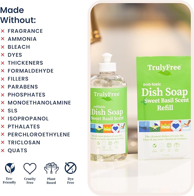 Natural Concentrated Dish Detergent Dishwashing Liquid | Plant-Based Dish Soap | Sweet Basil Fresh Scent | 2 Refill Packs with 1 Empty Refillable Squeeze Bottle (16 Oz)-Ruum Studio Home