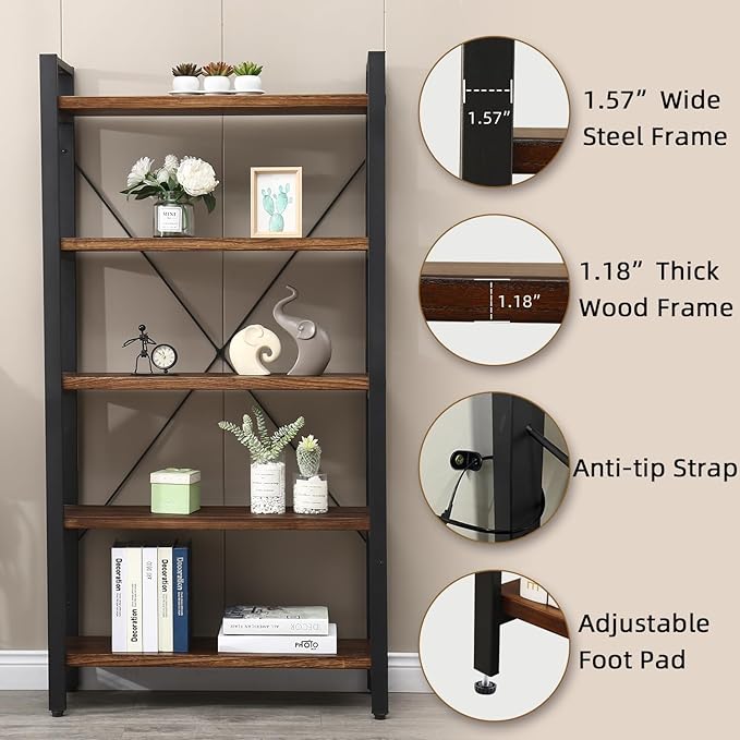 5 Tier Bookcase, Solid Wood Bookshelf Rustic Vintage Industrial Etagere Bookcase, Metal and Wood Free Vintage Bookshelf, Retro Brown (Real Wood) (5-Tiers)-Ruum Studio Home