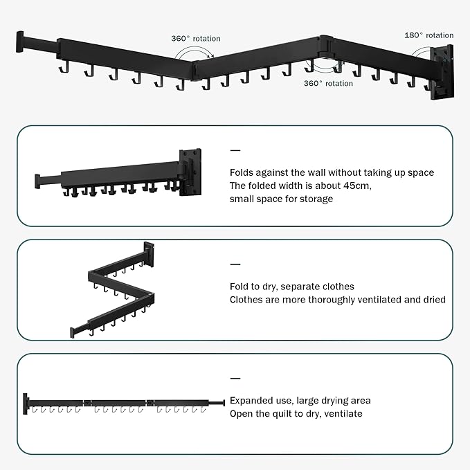 Clothes Drying Rack,Laundry Drying Rack Wall Mount, Space Saver Clothes Rack,Retractable,Collapsible(Tri-Fold), for Balcony,Laundry,Bathroom, Dark Grey Color,3z-g02-Ruum Studio Home