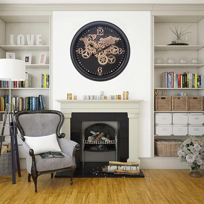 CLXEAST 24 Inch Moving Gear Wall Clock with World Map Pattern,Large Black Gold Metal Wall Clock for Modern Farmhouse Living Room Decor,Reloj De Pared para Sala-Ruum Studio Home