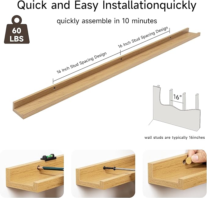 Fun Memories Picture Ledge Shelf, 48 Inch Floating Shelves Set of 2, Large Nursery Book Shelves for Toys Storage, Kids Bookshelf Wall Mounted for Wall Decor Books Photo Frames, Oak-Ruum Studio Home