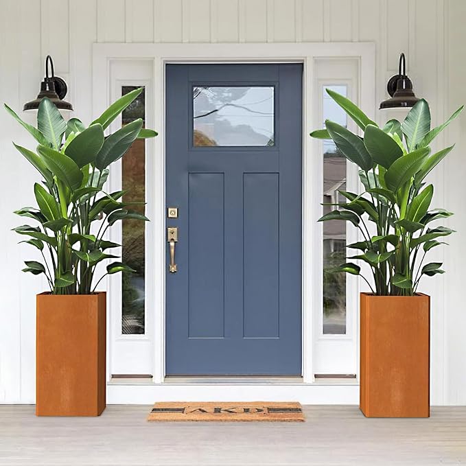 Modern Cor Ten Steel Planter – 28” Tall Planters with Removable Insert Shelf | Heavy-Duty Rust-Resistant Metal Planter Box for Patio, Porch & Garden (14x14x28in)-Ruum Studio Home