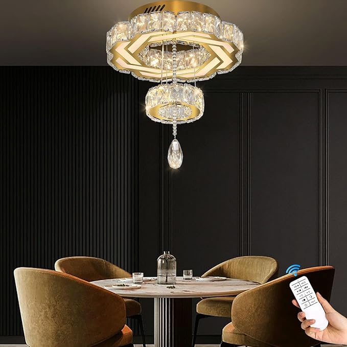 Flashing God Small Crystal Chandeliers Dia 12" Gold Chandelier Flush Mount Ceiling Light for Bedroom Living Room Dining Room Hallway Dimmable 3 Rings LED Celing Lighting Fixtures-Ruum Studio Home