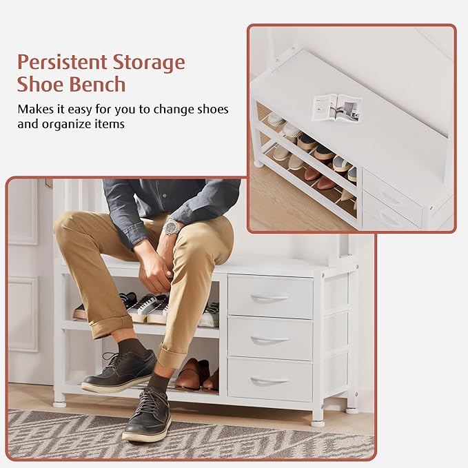 Lulive Hall Tree with Bench and Shoe Storage, 31.5" Coat Rack Freestanding with 2-Tier Storage Shelf, 5-in-1 Entryway Bench Coat Rack with 12 Hooks and 3 Drawers(White)-Ruum Studio Home