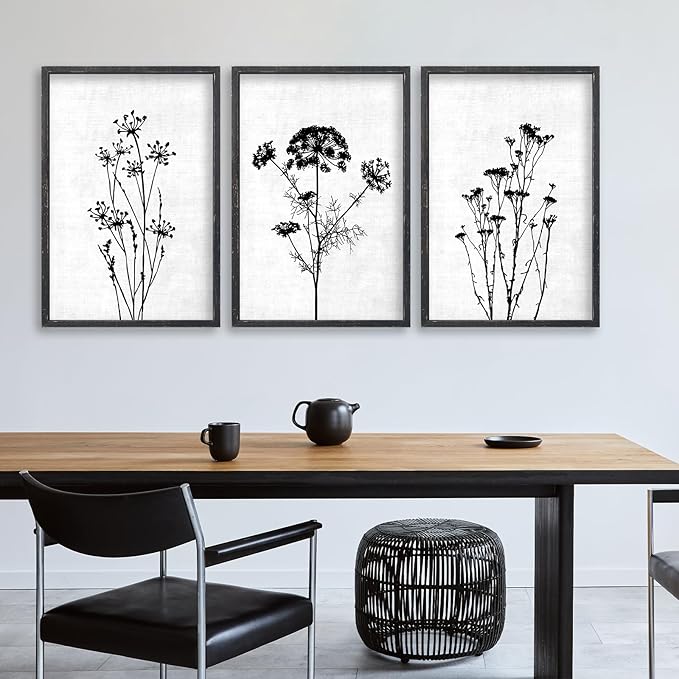Flower Plant Wall Art Decor 24"x16" Set of 3 Black And White Botanical Painting Wood Framed For Minimalist Bedroom Office Rustic Living Room Abstract Wildflower Sign Hanging (Black)-Ruum Studio Home