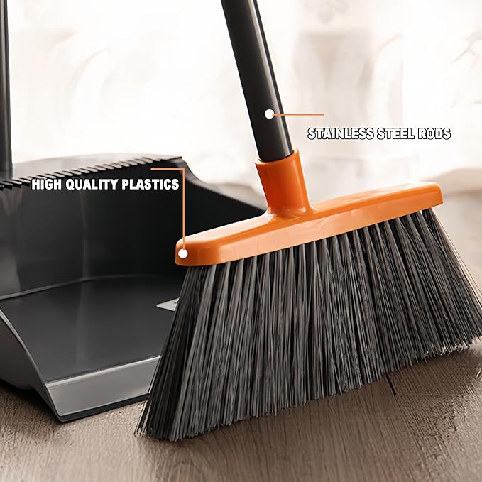 Small Broom Stiff Bristles Brush with Long Handle Indoor or Outdoor Compact Broom for Sweeping Patio Garage Garden,Deck,Concrete Floor,Bathroom (Orange)-Ruum Studio Home