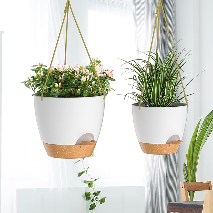 ZMTECH 10 Inch Hanging Planters for Indoor Outdoor Plants, 2 Pack Self Watering Hanging Plant Pots with Drainage Holes and Removable Saucer, Plastic Flower Hanging Pots with Watering Lip (White)-Ruum Studio Home
