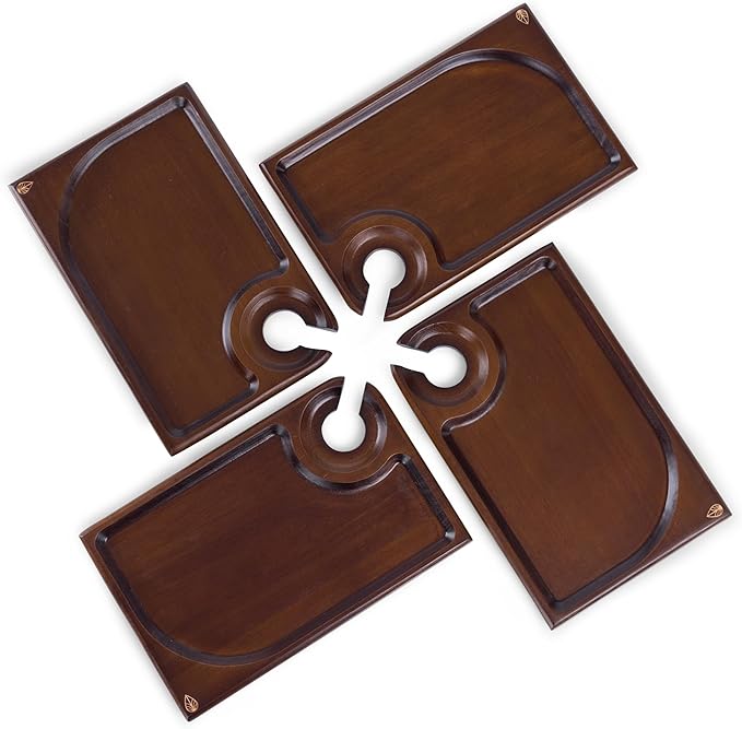 PICNIC TIME Rectangle Wine Appetizer Plates Set of 4, Cocktail Plate with Glass Holder, Cheese Board with Wine Holder, (Stained Parawood)-Ruum Studio Home
