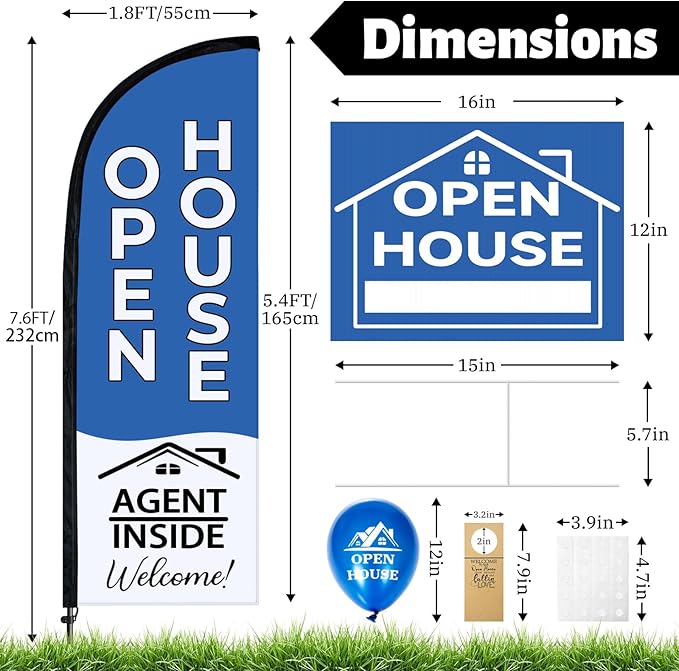 44 Pcs Open House Signs for Real Estate Agent Supplies, Double Sided Open House Flag Kit for Outside, 7.6 x 5.4 Ft Blue Banner Flag Poles Set with Directional Arrows Yard Sign Stakes Balloons-Ruum Studio Home