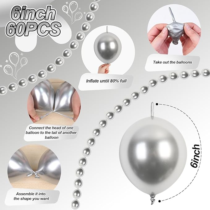 Silver Link Balloons, 60PCS Linking Balloons with Tail for Balloon Wall Arch and Chains, Quick Linkable Balloon for Wedding Birthday Baby Shower Engagement Graduation Party Decorations (6inch)-Ruum Studio Home