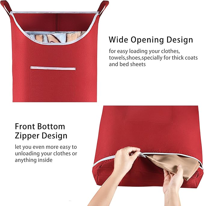 Hanging Laundry Hamper Bag Behind Door Hampers for Laundry Hanging Save Space Zipper Laundry Hamper Door Hanging with 2 PCs Stainless Steel Hooks Suction Hooks for Wall/Bathroom (Red-Ruum Studio Home