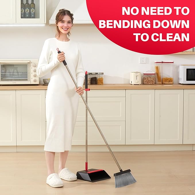 JOYMOOP Black and Red Broom and Dustpan Set, Upright Angle Design with Built-in Comb Teeth for Home, Office, Hard Floors-Ruum Studio Home