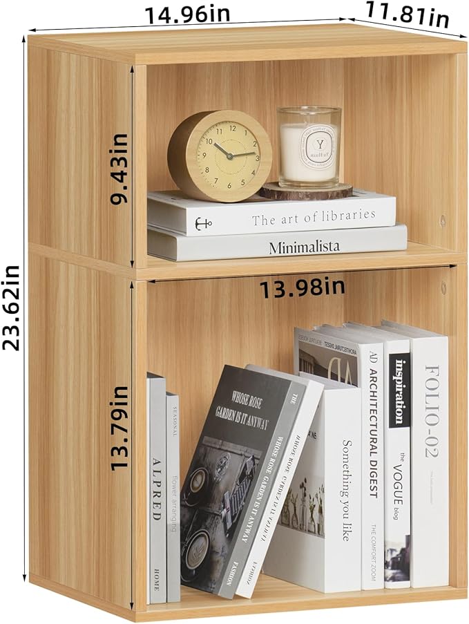 LEYAOYAO 2 Cube Bookshelf,Natural Record Player Stand Holds up to 100 Albums, Mini Wood Book Shelf Storage Organizer,Turntable Stand with Vinyl Storage Cabinet, Narrow Open Bookcase for Small Spaces-Ruum Studio Home