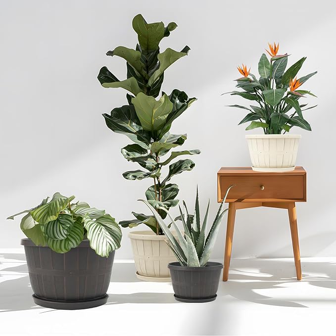 Quarut 12 Inch Large Planter Pot for Plants Indoor Outdoor, 4 Pack Plastic Flower Pots with Drainage Hole & Tray, Modern Decorative Garden Pot with Saucer, Plant Container for House（White）-Ruum Studio Home