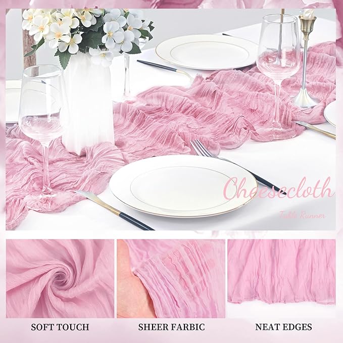 Light Pink Cheesecloth Table Runner 6 Pack 10FT Rustic Gauze Fabric Cheese Cloth Table Runner for Wedding 20 x 120 Inch Long Bridal Baby Shower Table Decorations Boho Sheer Birthday Party Table Decor-Ruum Studio Home