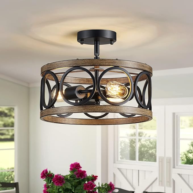 XINGQI Black Ceiling Light Adjustable Height Chandelier Modern Farmhouse Pendant Lighting Fixture Wood Grain Metal 13" Rustic Round Lights for Dining Room Kitchen Bedroom Entryway-Ruum Studio Home