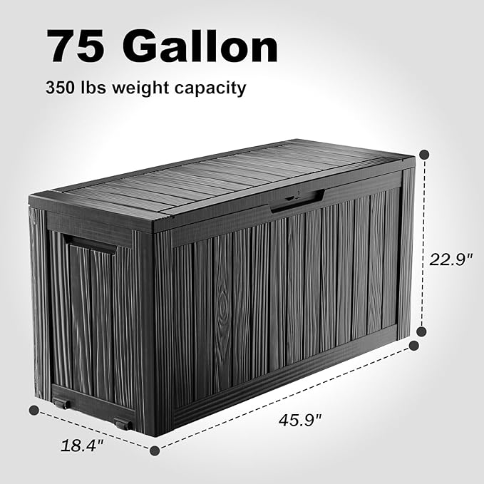 75 Gallon Resin Deck Box, Lockable Outdoor Storage Box for Patio Cushions Storage Furniture,Garden Tools, Pool Supplies, Weatherproof and UV Resistant（Black）-Ruum Studio Home