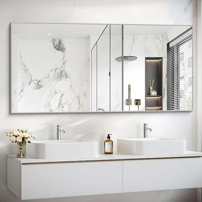 30x55In Silver Bathroom Mirror for Wall, Brushed Nickel Rectangle Mirrors with Metal Frame, Bathroom Rectangular Mirror Modern Wall Mirror for Bedroom Living Room, Hangs Horizontal or Vertical-Ruum Studio Home