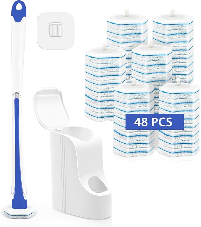 JEHONN Disposable Toilet Brush with 48 Wand Cleaner Refills, Wall Mounted Toilet Bowl Brush Holder Set, Bathroom Cleaning System for Sink Bathtub Wash Basin (Blue)-Ruum Studio Home