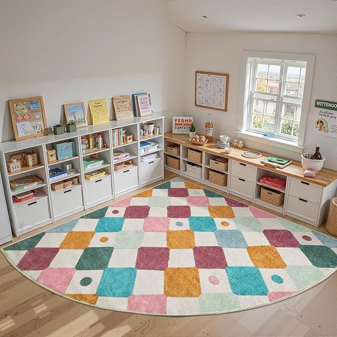 jinchan Kids Rug for Classroom 8ft Radius Corner Washable Area Rug Modern Colorful Quarter Circle Rug Soft Non-Slip Carpet for Nursery Playroom Daycare Reading Nook Living Room Confetti on Cream-Ruum Studio Home