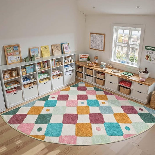 jinchan Kids Rug for Classroom 8ft Radius Corner Washable Area Rug Modern Colorful Quarter Circle Rug Soft Non-Slip Carpet for Nursery Playroom Daycare Reading Nook Living Room Confetti on Cream-Ruum Studio Home