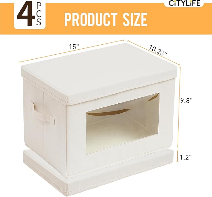Citylife 4-Pack Storage Bins with Lids, Fabric Foldable Storage Bins with Soft Cord Handles, Cube Closet Storage Baskets with Lids, Organizers for Organizing Clothes and Books, Beige-Ruum Studio Home