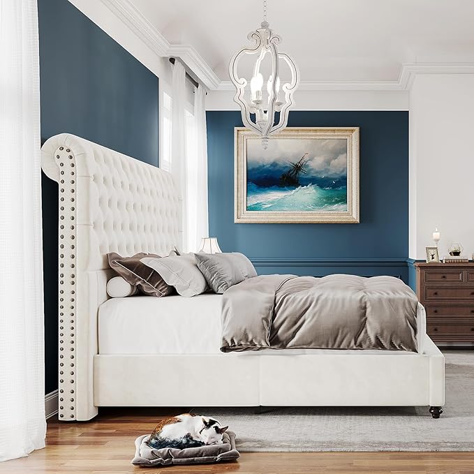 PaPaJet Bed Frame Queen Size Upholstered Platform Bed with 52.8'' Tall Sleigh Headboard, Button Tufted, No Box Spring Needed, Easy Assembly, Cream-Ruum Studio Home